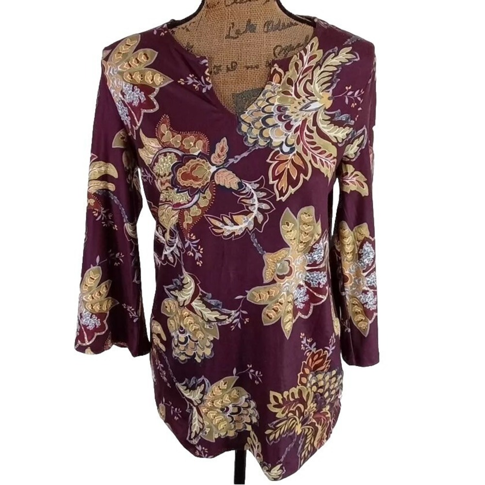 Chicos Top 0 US‎ S Haute Floral Tunic Purple Green Gray Yellow Stretch Long Sl